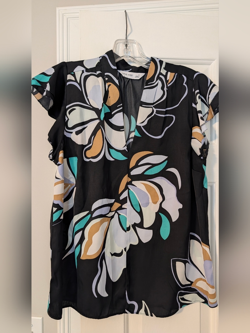 Nine West Black Floral V-Neck Short Sleeve Blouse
